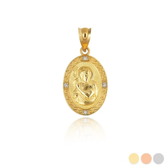 10K Solid Gold Saint John Pray for Us CZ Oval Victorian Medallion Pendant